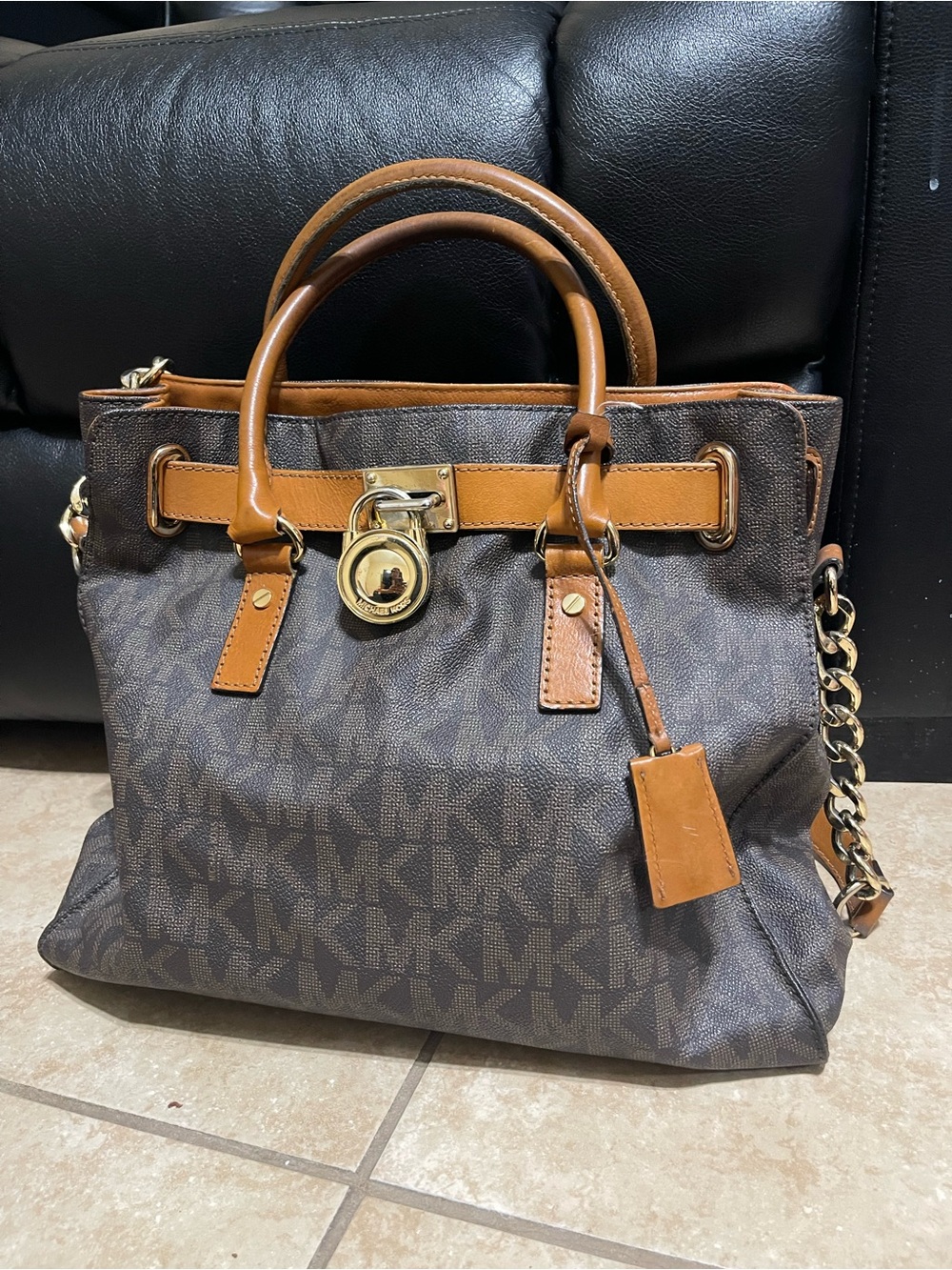 Michael Kors Brown Logo Tote with Tan Leather Handles and Gold Hardware